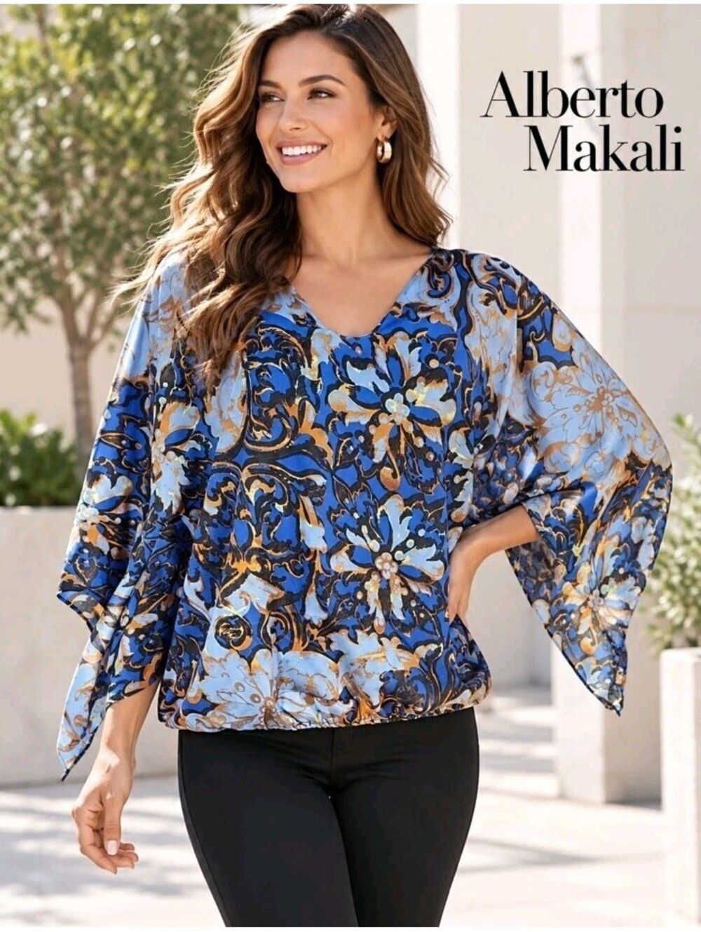 Alberto Makali Women’s Blue Baroque Floral Batwing Size L Blouse Top #CC